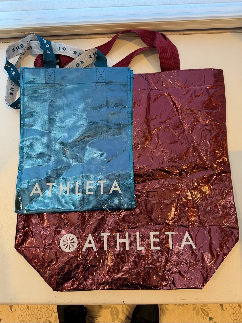 Athleta Metallic Red and Blue Tote Bags Set of 2